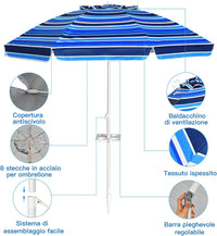 Ombrellone da Spiaggia 200 x 220 cm, Ombrellone da Mare con Inclinazione Regolabile, con Vassoio, 8 Stecche, Protezione UV, Impermeabile, Borsa di Trasporto (Blu Navy)