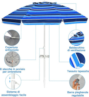 Ombrellone da Spiaggia 200 x 220 cm, Ombrellone da Mare con Inclinazione Regolabile, con Vassoio, 8 Stecche, Protezione UV, Impermeabile, Borsa di Trasporto (Blu Navy)