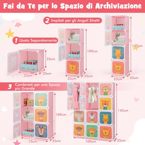 Guardaroba Portatile per Bambini, Armadio Portatile con 12 Cubi, Organizzatore Modulari per Camera dei Bambini Soggiorno, 109 x 35 x 145 cm (Rosa)