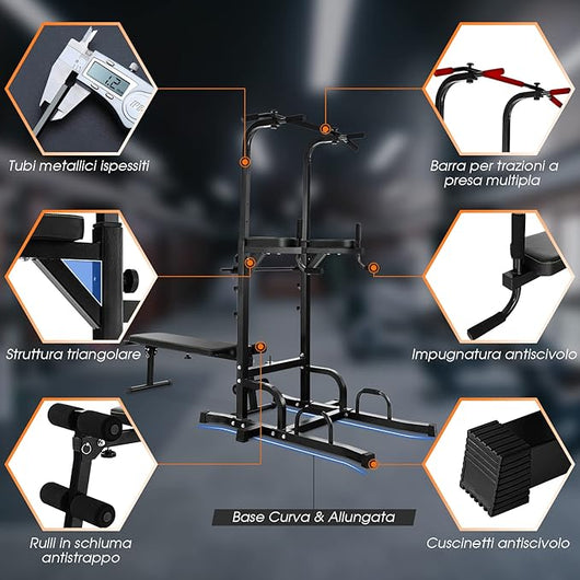 Power Tower Multifunzionale e Regolabile, Sbarra per Trazioni con Panca Pieghevole Regolabile in Altezza, Attrezzatura Fitness per Allenamento Completo del Corpo, Portata 250 kg