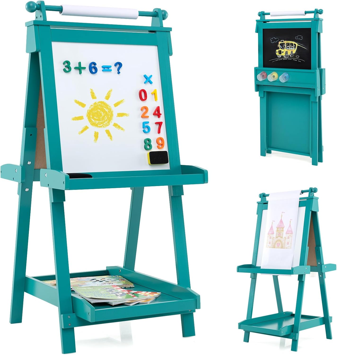 Lavagna per Bambini 3 in 1, Lavagna Magnetica con Lavagna Bifacciale, Rotolo di Carta, Vassoi Portaoggetti e 3 Bicchieri per Pittura, Cavalletto in Legno per Bambini 3+ Anni (Verde)