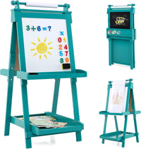 Lavagna per Bambini 3 in 1, Lavagna Magnetica con Lavagna Bifacciale, Rotolo di Carta, Vassoi Portaoggetti e 3 Bicchieri per Pittura, Cavalletto in Legno per Bambini 3+ Anni (Verde)