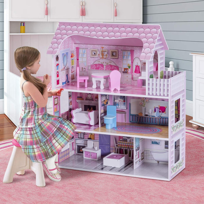 Casa delle bambole in legno per bambina Casa giocattolo dei bambini 3 piani con mobili e accessori 61x26,5x71cm-Cucine giocattoli