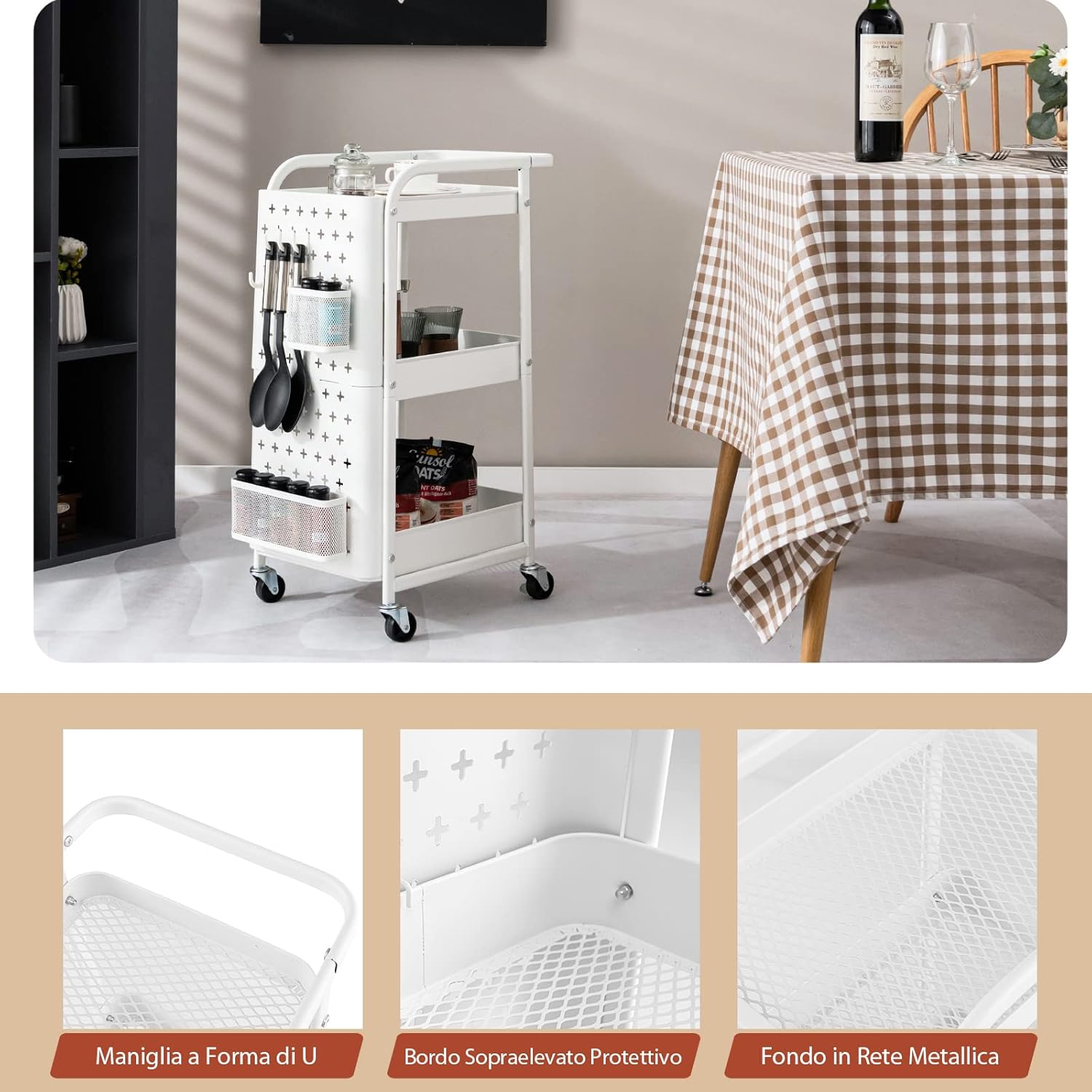 Carrello Multiuso a 3 Livelli, Carrello Organizzatore di Stoccaggio, con 2 Cestini e 4 Ganci, Ideale per Ufficio Cucina Garage, 52x33x75cm (Bianco)