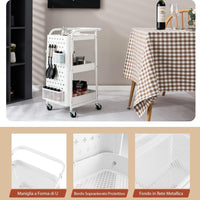 Carrello Multiuso a 3 Livelli, Carrello Organizzatore di Stoccaggio, con 2 Cestini e 4 Ganci, Ideale per Ufficio Cucina Garage, 52x33x75cm (Bianco)