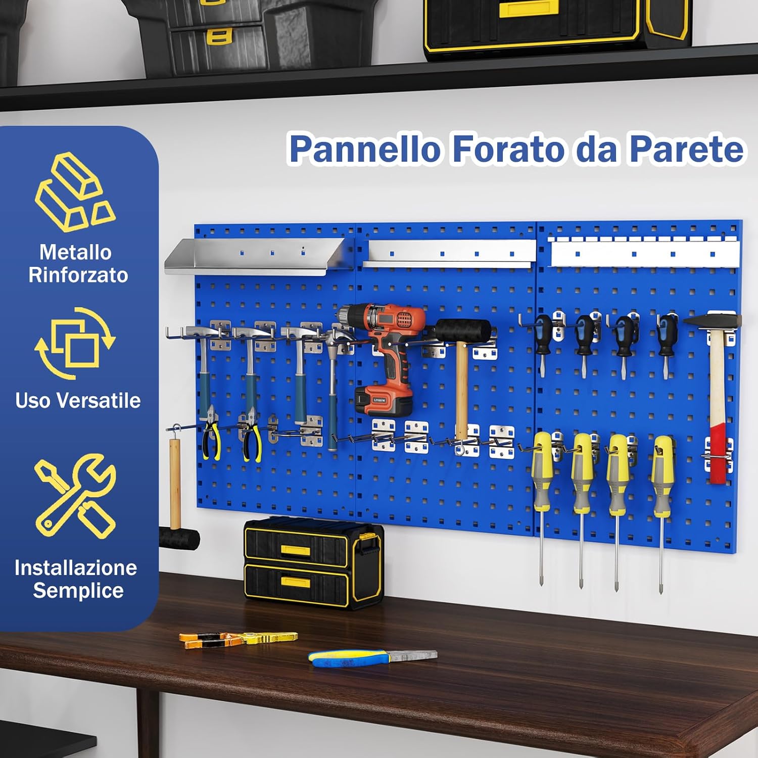 Kit 3 Pannelli Porta Attrezzi da Parete 60 x 40 cm, Pannello Forato Portaoggetti con 24 Ganci e Supporti, Pannello Portautensili per Officina e Garage (Blu)