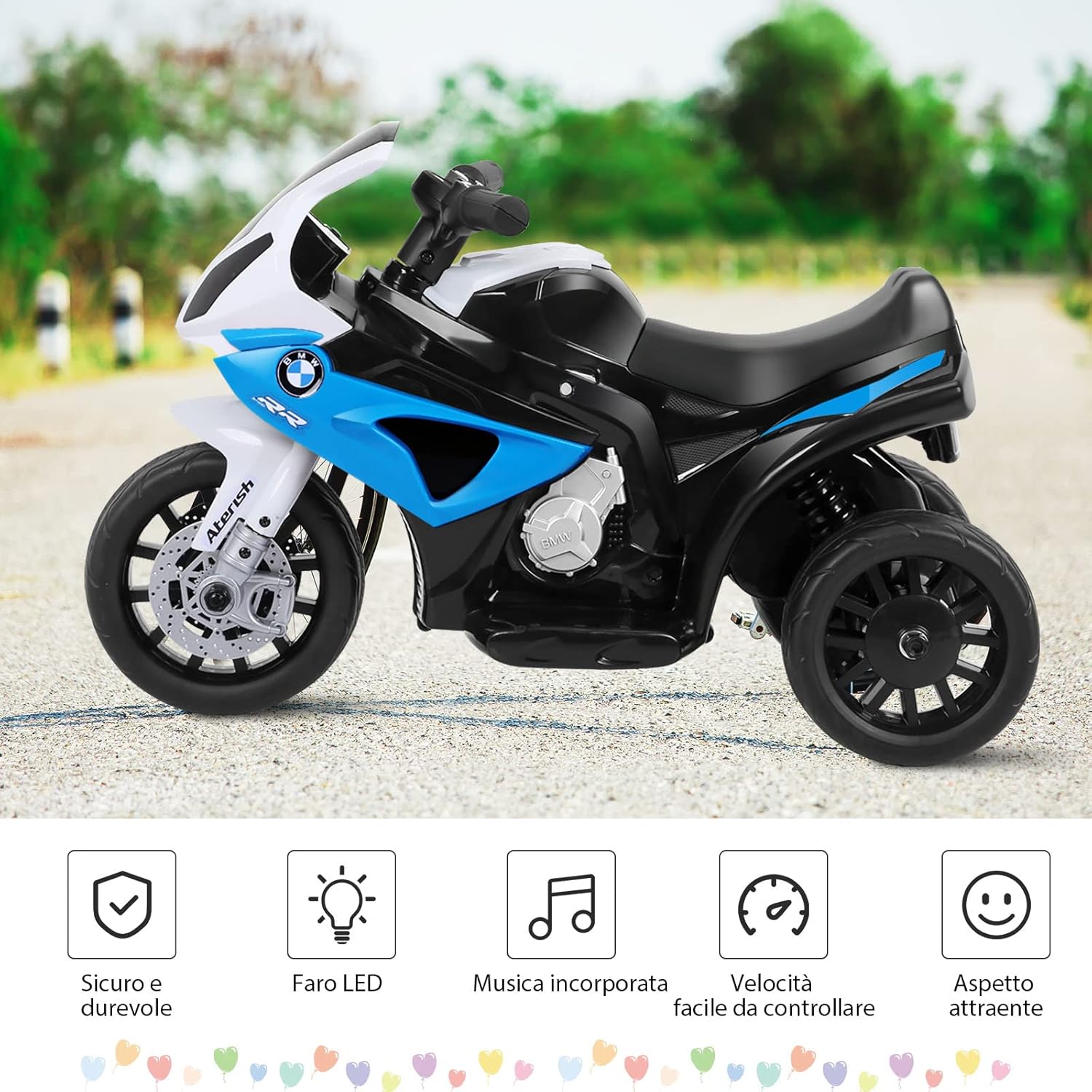 BMW Moto Cavalcabile per Bambini, Moto Giocattolo con Rotelle, Fari, Funzione Musica, Motocicletta a 3 Ruote, Regalo Perfetto per Bambini, 66 x 37 x 44,5 cm (Blu)