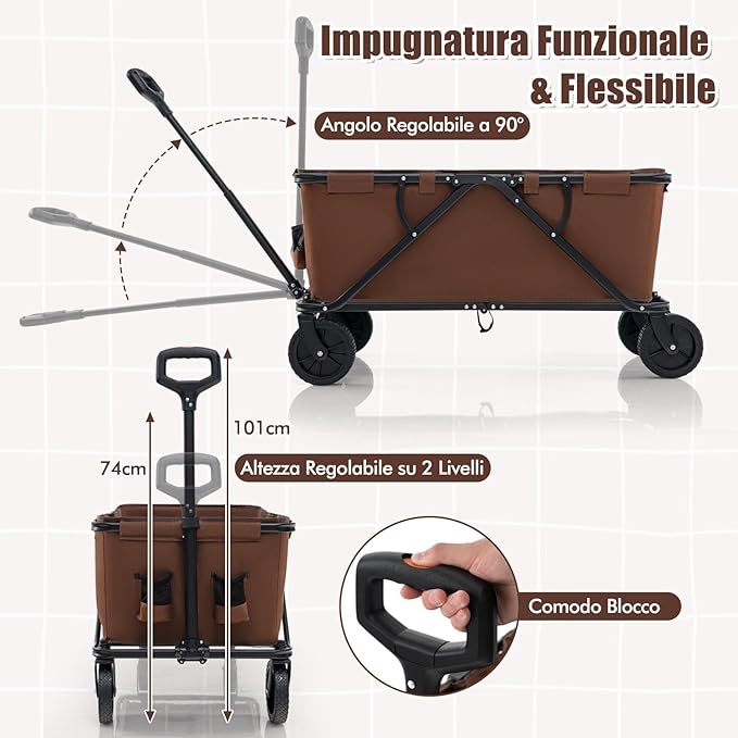 Carrello da Spiaggia Pieghevole, Carrello da Campeggio con Maniglia Regolabile e 360Â° Ruote, Portabottiglie e Tasca Portaoggetti, 170L, per Campeggio, Spiaggia e Giardino (Marrone)