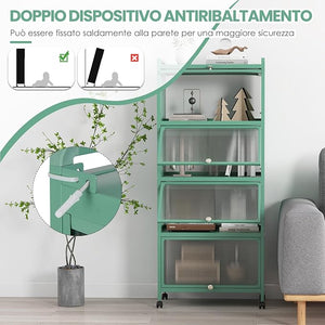 Armadio da Cucina a 5 Piani, Mobile per Microonde con Porte PC a Scomparsa, con 4 Ruote Girevoli, per Sala da Pranzo Soggiorno e Studio, 60x32x154 cm (Verde)