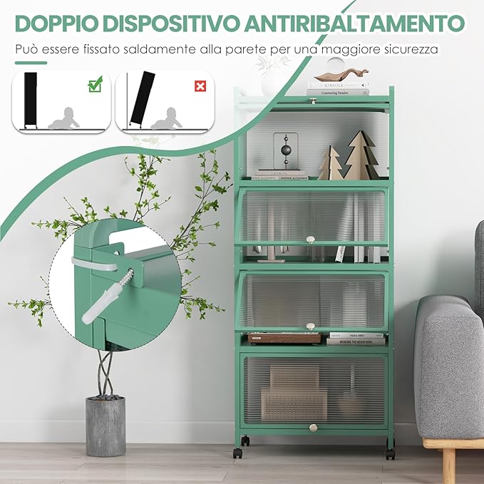 Armadio da Cucina a 5 Piani, Mobile per Microonde con Porte PC a Scomparsa, con 4 Ruote Girevoli, per Sala da Pranzo Soggiorno e Studio, 60x32x154 cm (Verde)