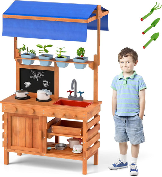 Cucina Giocattolo per Giardino con Attrezzi da Giardinaggio 2 in 1, Cucina per Bambini in Legno di Pino con Tettoia Regolabile, 4 Vasi e Lavagna, Set Cucina con 9 Accessori, 77 x 52 x 135 cm