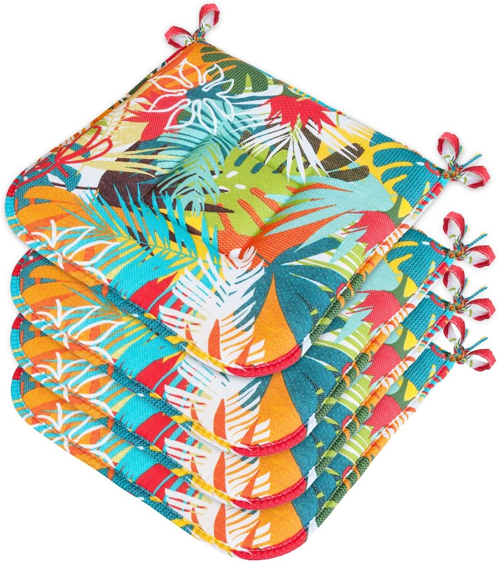 Set 4 Cuscini Sedia Cotone Con Lacci Lavabili Morbidi Universali Coprisedia Foglie Palma Multicolore