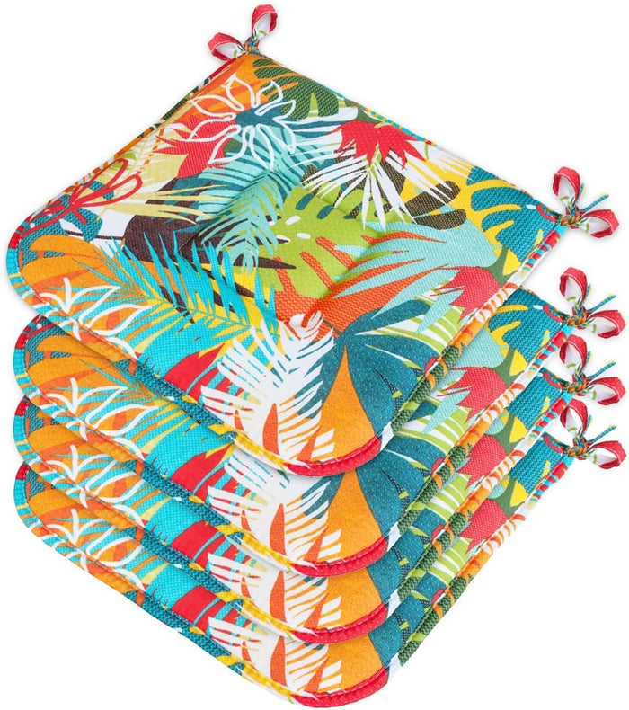 Set 4 Cuscini Sedia Cotone Con Lacci Lavabili Morbidi Universali Coprisedia Foglie Palma Multicolore