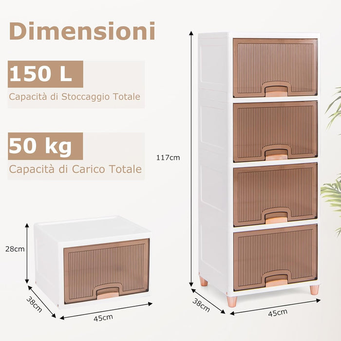 Contenitori Impilabili a 4 Livelli, 150L Scatole di Stoccaggio con Coperchio e Porte Magnetiche, Set da 4 Contenitori in Plastica per Camera da Letto Soggiorno Cucina, 45x38x117 cm