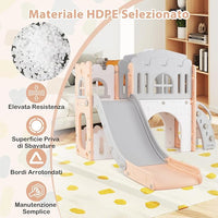 Scivolo per Bambini 9 in 1, Set da Gioco con Canestro da Basket, Telescopio, Volante, Corridoio, Tunnel e Spazio di Archiviazione, Scivolo da Interno ed Esterno per 1+ Anni (Rosa+Grigio)