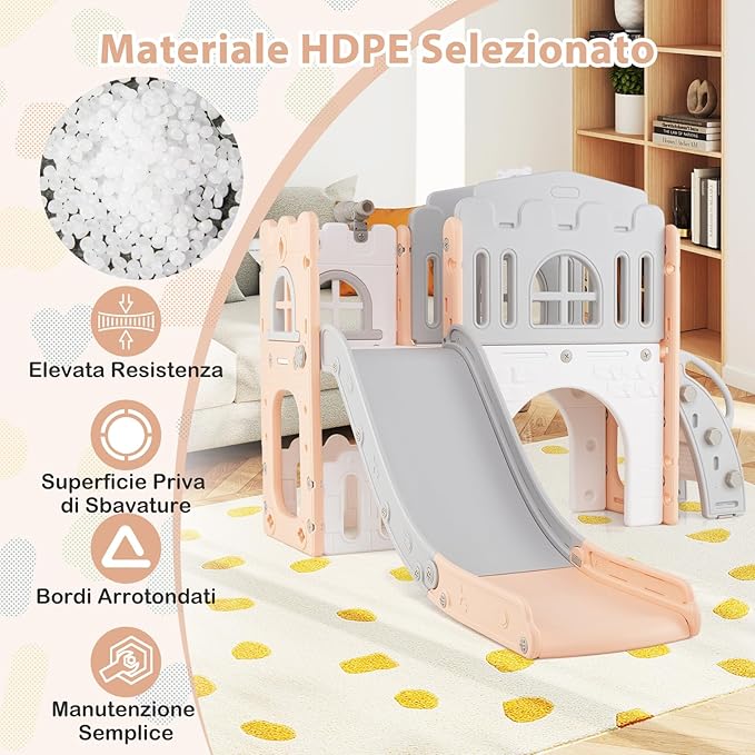 Scivolo per Bambini 9 in 1, Set da Gioco con Canestro da Basket, Telescopio, Volante, Corridoio, Tunnel e Spazio di Archiviazione, Scivolo da Interno ed Esterno per 1+ Anni (Rosa+Grigio)