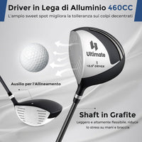 Set Completo di Mazze da Golf per Mancini da Uomo, Borsa Portatile con Supporto e Cappuccio Antipioggia, Include Driver 1 da 460CC, Fairway 3, Ibrido 4, Ferri 6, 7, 8, 9, P e Putter (Nero)