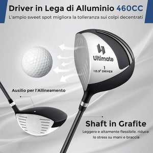 Set Completo di Mazze da Golf per Mancini da Uomo, Borsa Portatile con Supporto e Cappuccio Antipioggia, Include Driver 1 da 460CC, Fairway 3, Ibrido 4, Ferri 6, 7, 8, 9, P e Putter (Nero)