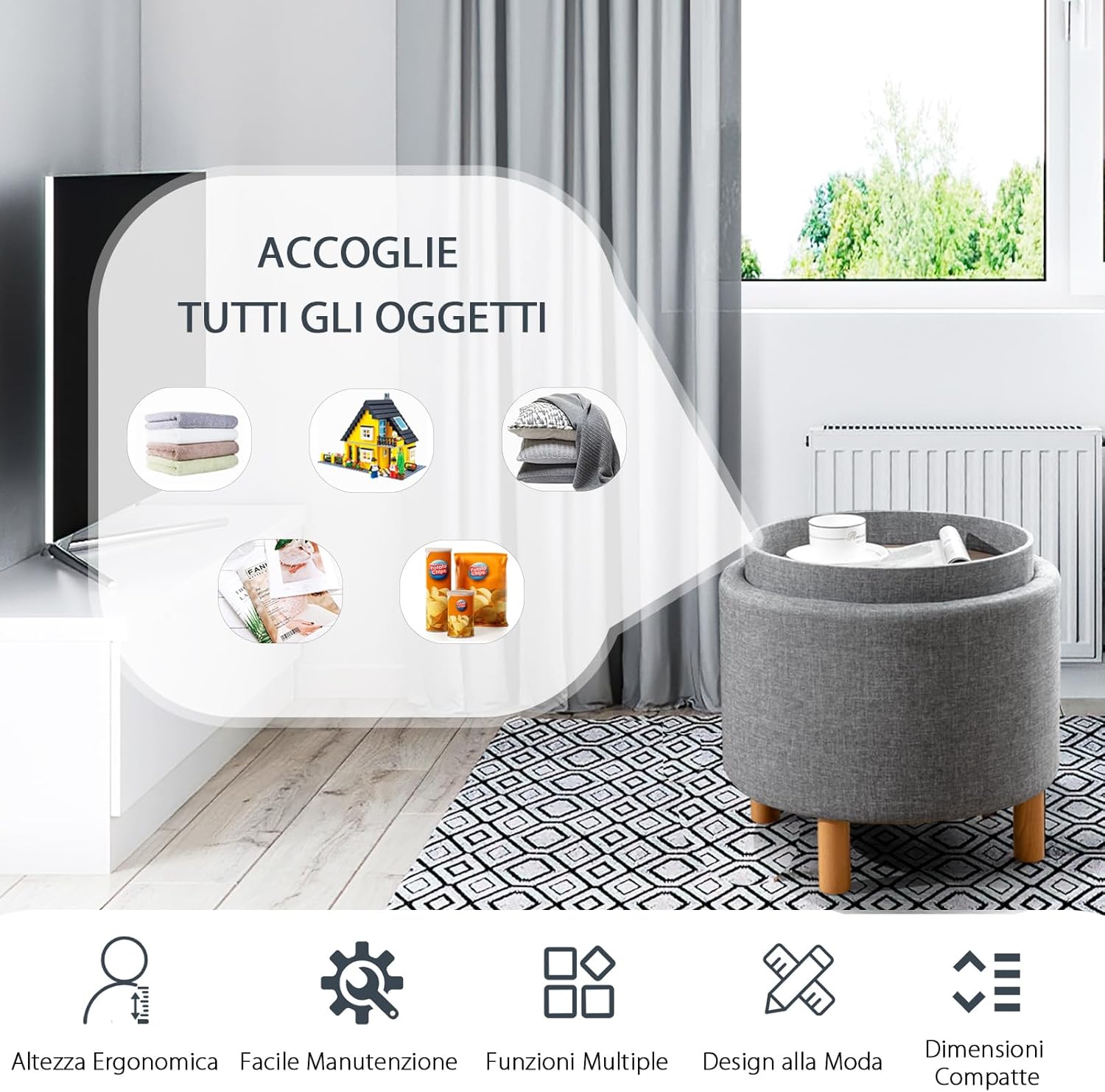 Pouf Rotondo con Contenitore e Vassoio, Poggiapiedi Imbottito con Base in Legno e Piedini Antiscivolo, Tavolino da Caffè per Soggiorno, Camera da Letto (Grigio)