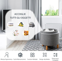 Pouf Rotondo con Contenitore e Vassoio, Poggiapiedi Imbottito con Base in Legno e Piedini Antiscivolo, Tavolino da Caffè per Soggiorno, Camera da Letto (Grigio)