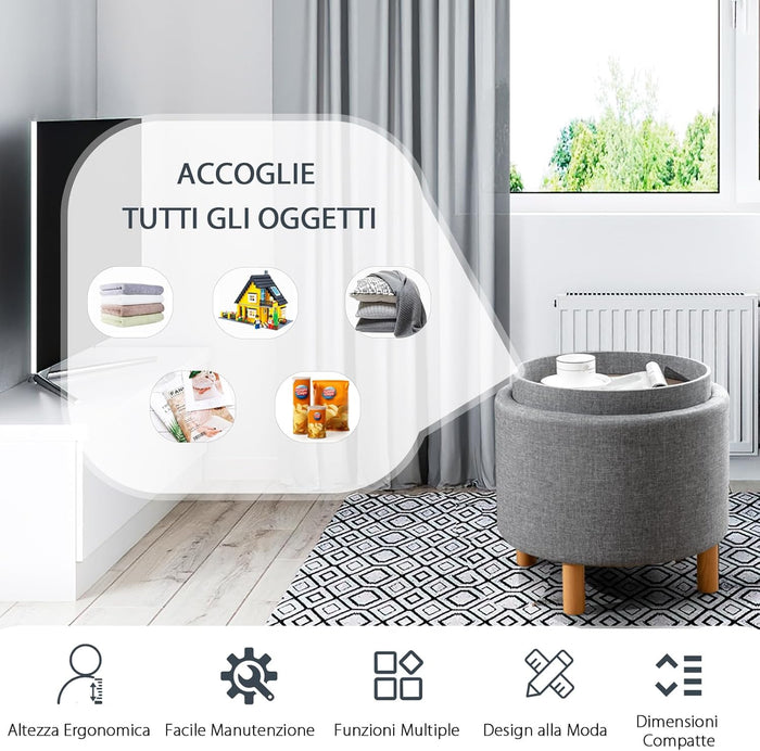 Pouf Rotondo con Contenitore e Vassoio, Poggiapiedi Imbottito con Base in Legno e Piedini Antiscivolo, Tavolino da Caffè per Soggiorno, Camera da Letto (Grigio)