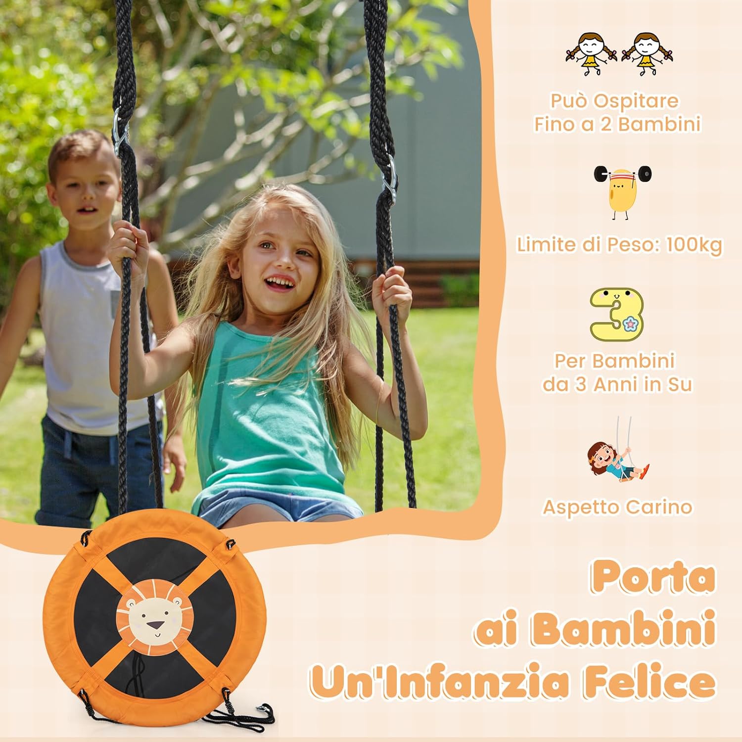 Altalena a Cerchio da 102 cm, Altalena a Nido con Corde Regolabili e Moschettoni, Tessuto Oxford Impermeabile, Altalena Rotonda da Esterno con Rotazione a 360Â° per Bambini(Giallo)