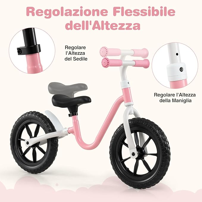 Bicicletta Equilibrio Senza Pedali, con Manubrio e Sella Regolabili in Altezza, Bicicletta Leggera con Telaio in Acciaio al Carbonio, Bici da Regalo per Bambini 3 + Anni