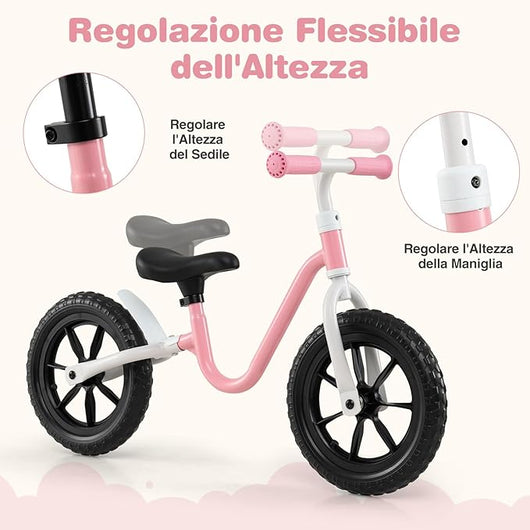 Bicicletta Equilibrio Senza Pedali, con Manubrio e Sella Regolabili in Altezza, Bicicletta Leggera con Telaio in Acciaio al Carbonio, Bici da Regalo per Bambini 3 + Anni