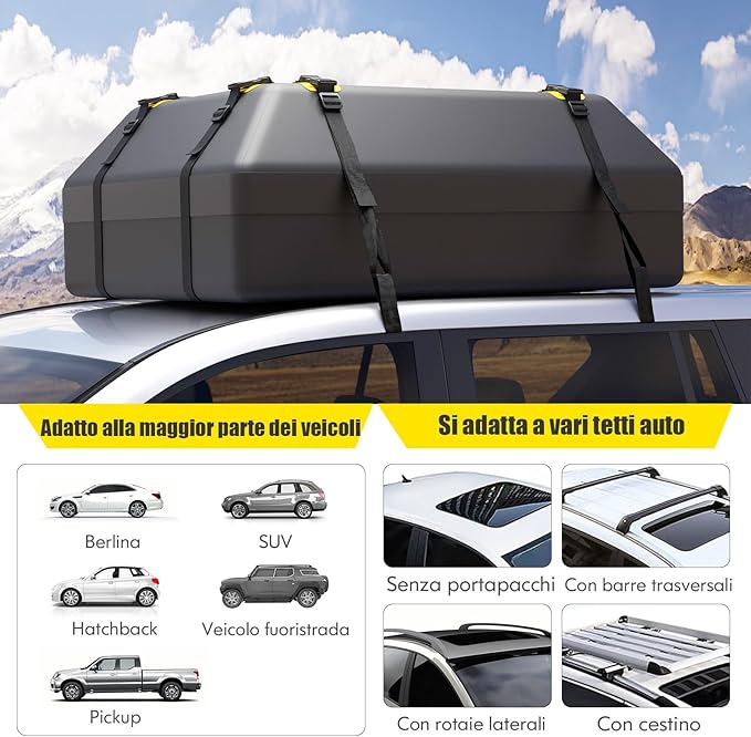 Borsa da Tetto per Auto, Borsa Portapacchi Impermeabile per Tutti i Veicoli Con/Senza Barre Portapacchi, 420L, con Tappetino Antiscivolo, Corda, Lucchetto e Ganci(86 x 112 x 43 cm)