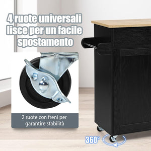 Carrello da Cucina con Ruote di Gomma, Scaffale per Microonde Carrello Servizio, Credenza Cucina Legno Moderno Elegante, 116 x 37 x 85 cm (Nero)