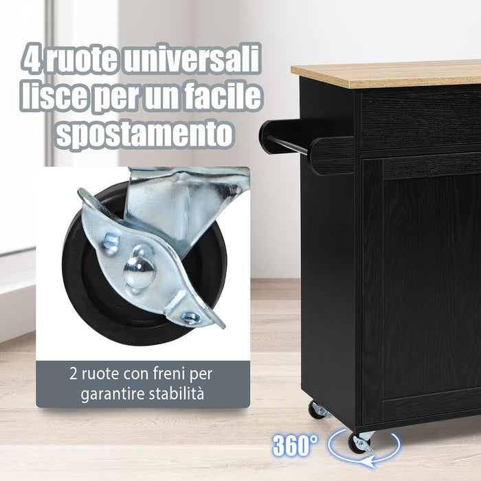 Carrello da Cucina con Ruote di Gomma, Scaffale per Microonde Carrello Servizio, Credenza Cucina Legno Moderno Elegante, 116 x 37 x 85 cm (Nero)