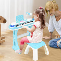 Tastiera Pianoforte a 37 Tasti per Bambini, Piano Elettronico per Bambini con Microfono, Sgabello e Supporto per Spartiti, 8 Ritmi e 8 Strumenti, per Bambini 18+ Mesi (Blu)