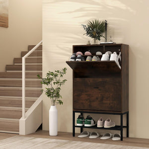 Armadio per Scarpe con 2 Cassetti a Ribalta, Scarpiera Nascosto con Ripiani Regolabili e Rimovibili, Ripiano in Metallo e Dispositivo Antiribaltamento, 60x24x106 cm (Marrone)