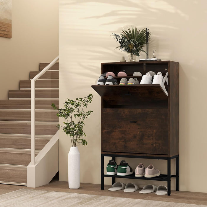 Armadio per Scarpe con 2 Cassetti a Ribalta, Scarpiera Nascosto con Ripiani Regolabili e Rimovibili, Ripiano in Metallo e Dispositivo Antiribaltamento, 60x24x106 cm (Marrone)