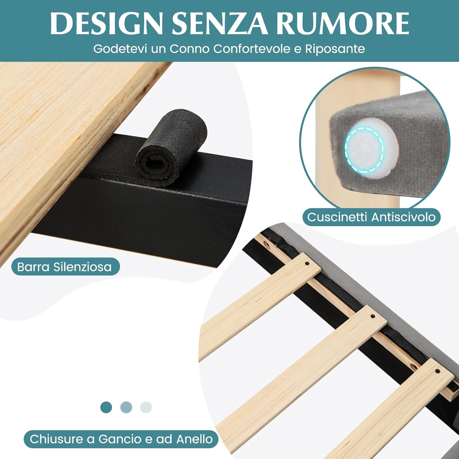 Letto con Struttura Imbottita in Velluto, Telaio da Letto con Doghe in Legno Massello e Testiera, 140 x 200 cm, Carico Massimo 500kg