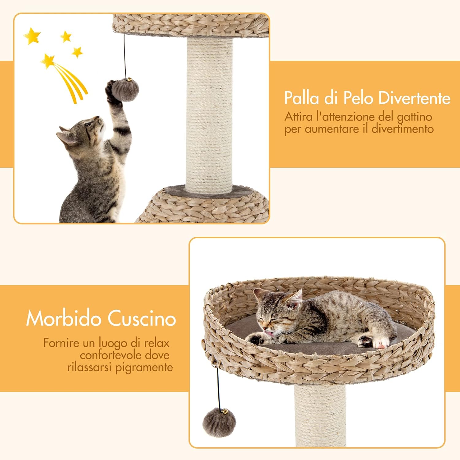 Tiragraffi per Gatti Piccoli, Tiragraffi Gatto con Cuccia, Piattaforma, Pallina e Palo Tiragraffi in Sisal Naturale, Albero Tiragraffi da Divano, Salotto e Camera da Letto, 48 x 48 x 70,5 cm