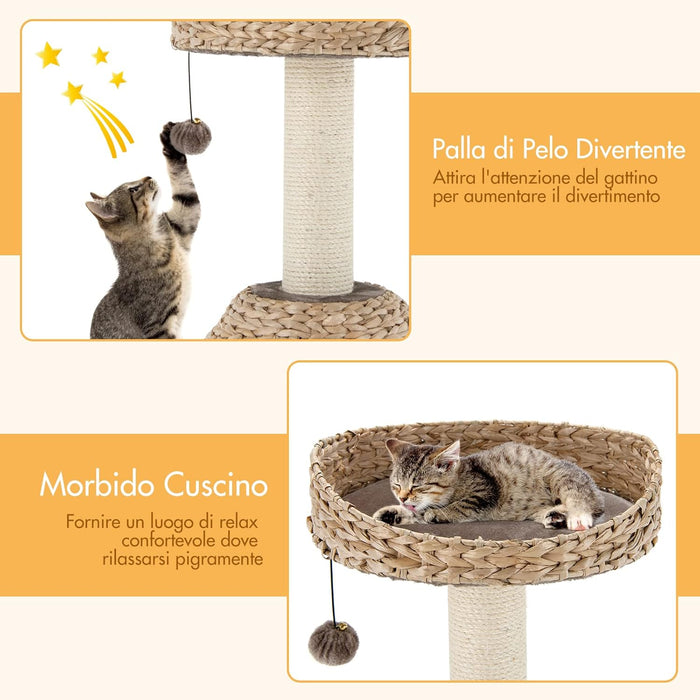 Tiragraffi per Gatti Piccoli, Tiragraffi Gatto con Cuccia, Piattaforma, Pallina e Palo Tiragraffi in Sisal Naturale, Albero Tiragraffi da Divano, Salotto e Camera da Letto, 48 x 48 x 70,5 cm