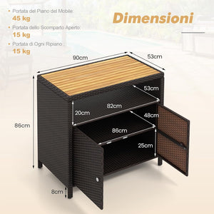 Armadietto Portaoggetti in Rattan, Mobile Buffet per Esterni in Legno di Acacia, Con Compartimento Aperto e Armadio Chiuso a 2 Ante, per Piscina, Terrazza e Patio, 90 x 53 x 66 cm (Marrone)