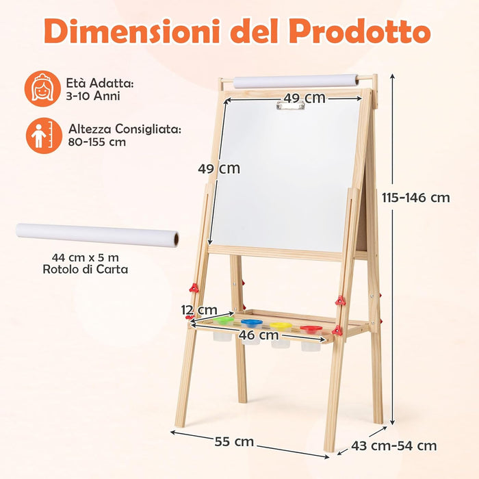 3 in 1 Cavalletto per Bambini, Cavalletto Doppia Faccia Regolabile con Lavagna Magnetica e Bianca, Rotolo di Carta, 4 Bicchieri per Vernice e Vassoio per Stoccaggio, per Bambini 3-10 Anni