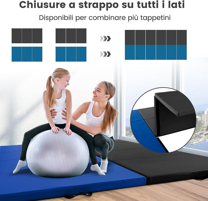 Tappetino per Ginnastica Pieghevole a 4 Pannelli con Maniglie, 300 x 117 x 5 CM, Tappetino in Ecopelle con Chiusure a Strappo per Ginnastica, Yoga, Stretching & Capriole