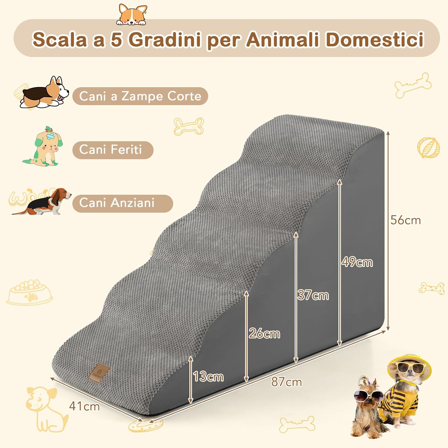 Rampa per Cani in Schiuma, Scale per Animali con Copertura Lavabile, Fondo Antiscivolo, Passi Incline per Letti e Divani, Scala per Animali Piccoli, Anziani e Feriti (Grigio,5,41 x 87 x 56cm)