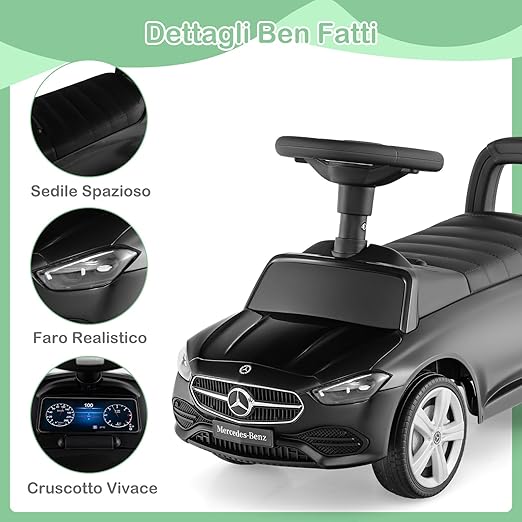 Mercedes Benz Macchinina Cavalcabile a Spinta per Bambini, Auto da Gioco con Volante Clacson e Suono, Spazio di Archiviazione, Auto a Spinta per bambini 1-3 Anni (Nero)