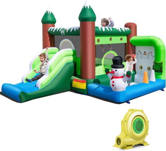 Castello Gonfiabile con Pupazzo di Neve, Gioco Gonfiabile per Bambini con Scivolo, Piscina di Palline, Basket, Gonfiabile con Pupazzo di Neve e Ventilatore da 735W, 380 x 340 x 245 cm