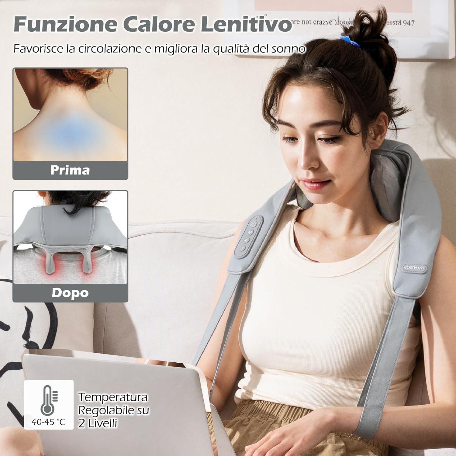 Massaggiatore Cervicale, Massaggiatore Shiatsu per Collo e Spalle Senza Fili con Impasto Profondo 4D dei Tessuti con Riscaldamento, 2 Modalità e 2 Livelli di Intensità (Grigio)