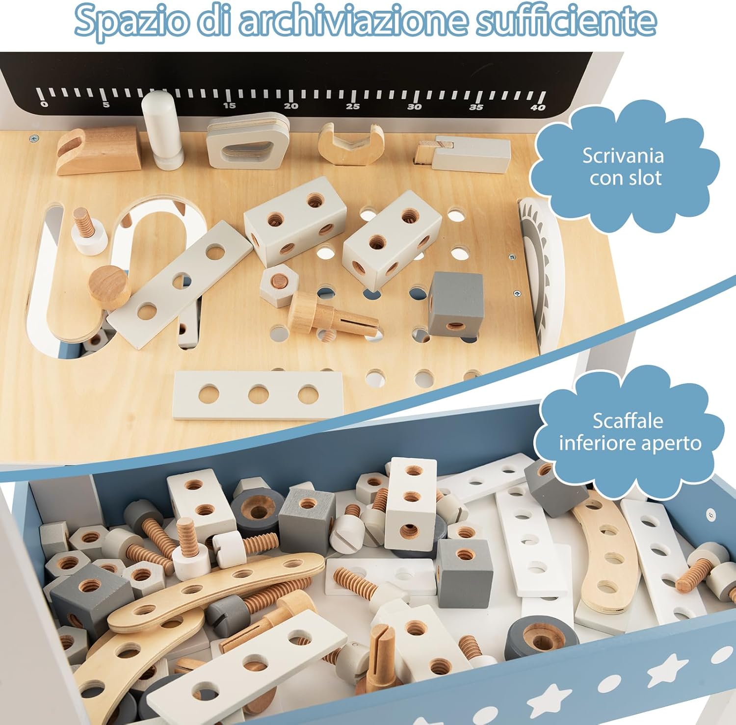 Set Banco da Lavoro per Bambini, Tavolo da Lavoro per Bambini in Legno con 61 Attrezzi e Parti, Giochi Costruzione Educativi, per Bambini 3-5 Anni