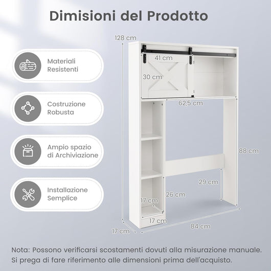 Mobile Salva Spazio Sopra WC, Organizzatore del Bagno in Legno con Porta e 3 Ripiani di Stoccaggio, per Bagno Lavanderia, 84x17x128 cm (Bianco)
