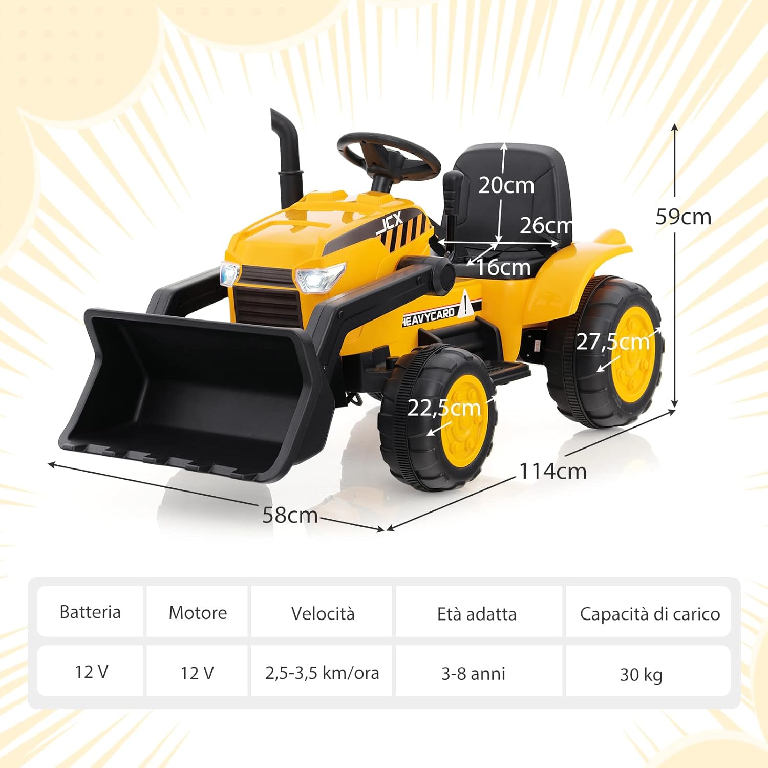 12 V Escavatore per Bambini, con Telecomando, Benna di Scavo Regolabile Musica e Fari a LED, Ruspa Elettrica per Bambini di 3-8 Anni, Giallo