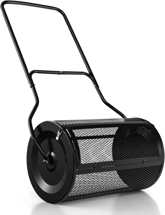 Spandiconcime da 60,5 cm, Rullo da Giardino con Impugnatura Pratica Chiusure Laterali e Rete in Metallo per Concimazione e Semina, Rullo Spandiconcime per Prato Giardino, Verde (Nero)