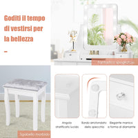 Toeletta Trucco con Specchio Girevole a 360° e 10 Luci LED, Postazione Trucco con Sgabello Imbottito, 5 Cassetti e Organizzatori, Tavolo da Trucco Moderno, 136x80x40cm (Bianco)