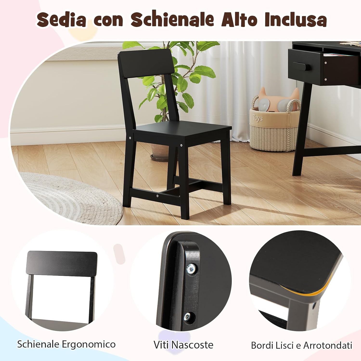 Set Tavolo e Seide per bambini in Legno, Scrivania e Sedia con Cassetto e Scomparto, Tavolino e Sedia per Cameretta, Soggiorno e Scuola (Nero)